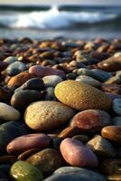 Colorful pebbles on a serene beach at sunset photo