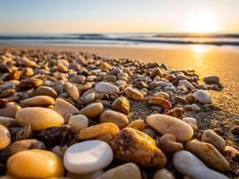 Golden hour reveals smooth pebbles on sandy shore photo
