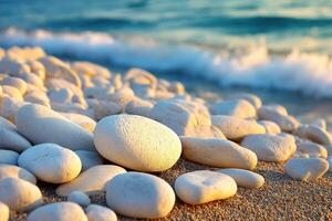 Smooth stones lining a tranquil beach at sunrise photo