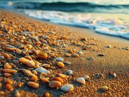 Colorful pebbles glisten on sandy beach at sunset photo