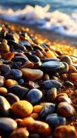 Colorful pebbles shimmer by a tranquil shoreline photo