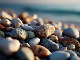 Colorful pebbles on a serene beach shore at sunset photo