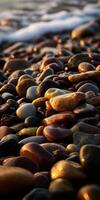 Colorful pebbles on a sunlit shore at sunset photo