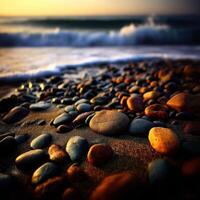 Close-up view of colorful pebbles on sandy beach shore photo