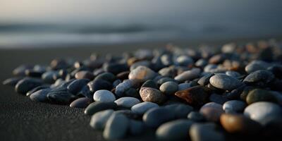 Colorful pebbles scattered along the serene beach shore photo