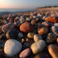 Colorful stones scattered on a tranquil beach shore photo