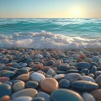Colorful pebbles along serene seashore at sunset photo