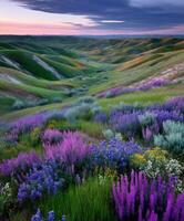 Vibrant wildflowers bloom across tranquil rolling hills photo