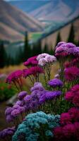Colorful flowers blooming in a mountain landscape photo