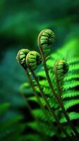 Freshly unfurling fern fronds in a lush green setting photo