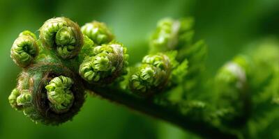 Ferns unfurling in lush green landscape photo