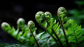 Fresh fern fonds growing in a lush woodland area photo