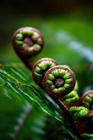 Close-up of lush fern fronds unfurling in nature photo