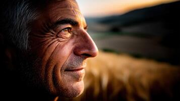 Elderly man enjoying a serene sunset in the countryside photo