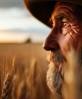 Elderly man observing wheat fields at sunset photo