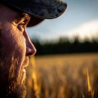 Man gazes thoughtfully over golden wheat field photo