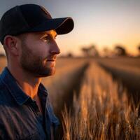 A man in a hat stands in a field of wheat photo