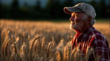 An older man in a plaid shirt and cap stands in a field of wheat photo