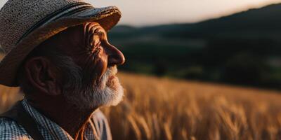 An old man in a straw hat looking up at the sky photo