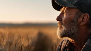 A man in a hat and plaid shirt in a field photo
