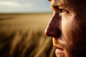 Portrait of a thoughtful man in a golden field photo