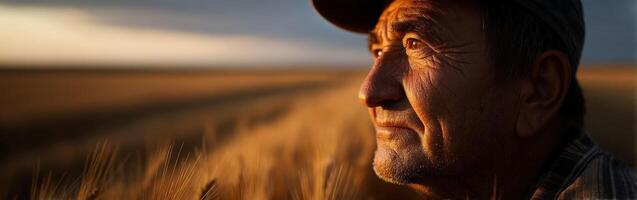 Farmer reflects on golden wheat field at sunset photo