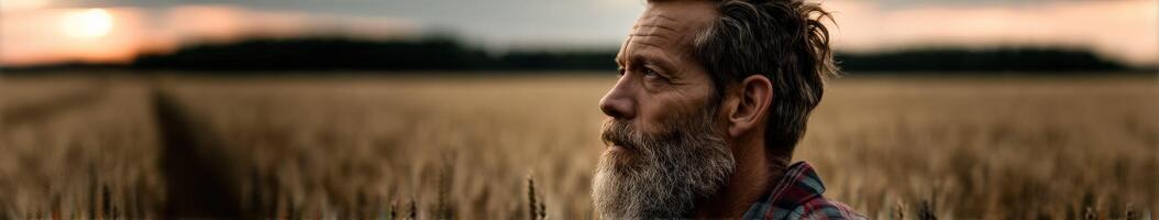 A man with a beard and plaid shirt in a field photo