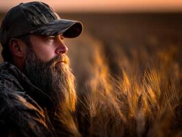 Man with beard gazes over golden wheat field at sunset photo