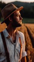 Man in hat enjoys sunset in golden wheat field photo