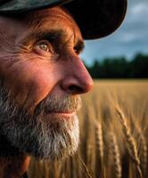 Farmer reflecting during sunset in golden wheat field photo