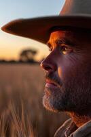 Sunset contemplation in a wheat field by a cowboy photo