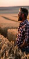 A man with a beard standing in a wheat field photo