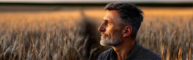 Man enjoying sunset in wheat field near rural landscape photo