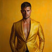 Man in yellow suit poses confidently photo