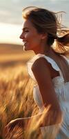 A woman in a white dress is walking through a field photo