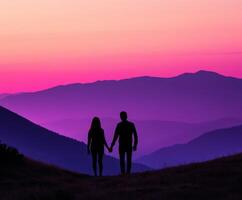 Couple walks hand in hand at sunset in the mountains photo