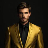 A man in a gold suit and black tie photo