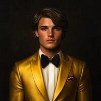 un hombre en un oro traje y arco Corbata foto