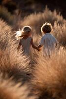 Children walking hand in hand through tall grass photo