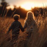 Children walking hand in hand during sunset in field photo