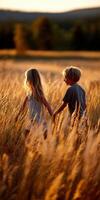 Children exploring a golden field during sunset photo