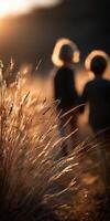 Children exploring golden fields at sunset photo