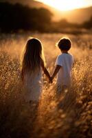 Children enjoy sunset walk in golden field photo