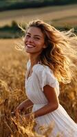 Joyful woman enjoying a sunny day in a wheat field photo