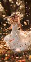 Joyful girl dancing in autumn leaves at sunset photo