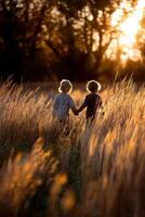 Children walking hand in hand through a golden field photo