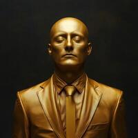 Golden figure in formal attire with serene expression photo