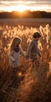 Children run through golden grass at sunset photo