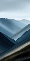 A painting of mountains and hills with a blue sky photo
