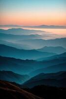 Serene twilight over layered mountain ranges photo
